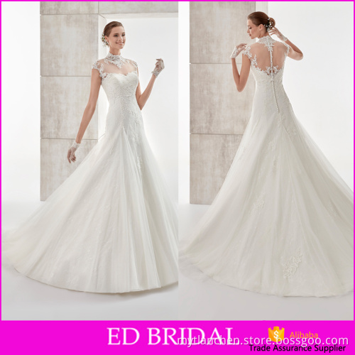 Whole sale High Neck Appliques See Through Back Cap Sleeve Suzhou Perfect Wedding Dress